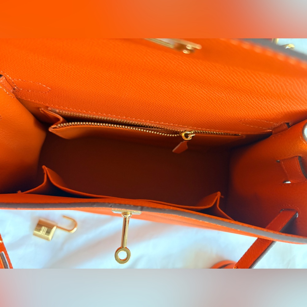 Orange Leather Top-Handle Satchel with Gold Hardware - Picture 11 of 13